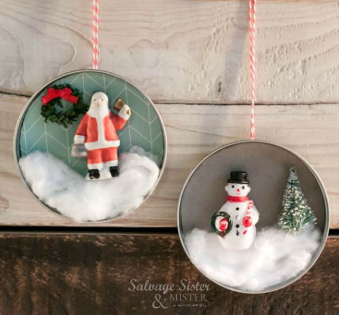 Mason Jar lid ornaments with vintage snowman and santa clause from salvage sister and mister