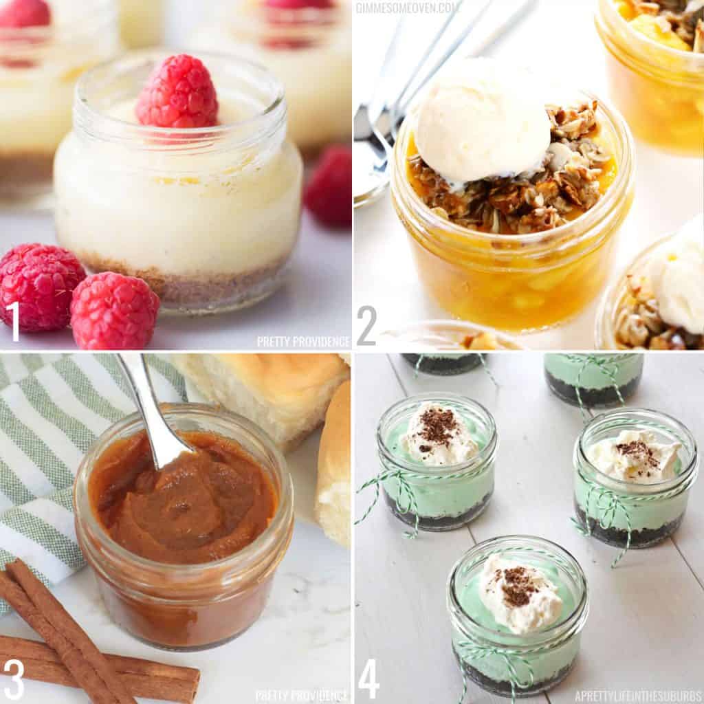 mini desserts in jars collage, cheesecake, peach crisp, pumpkin butter, grasshopper pies