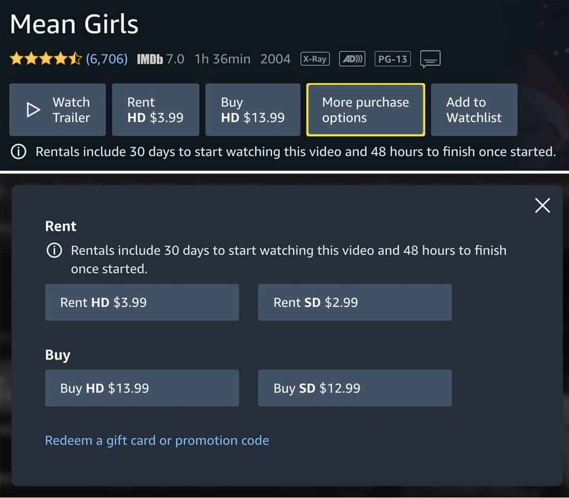 Amazon more purchase options screen for rent or buy movies