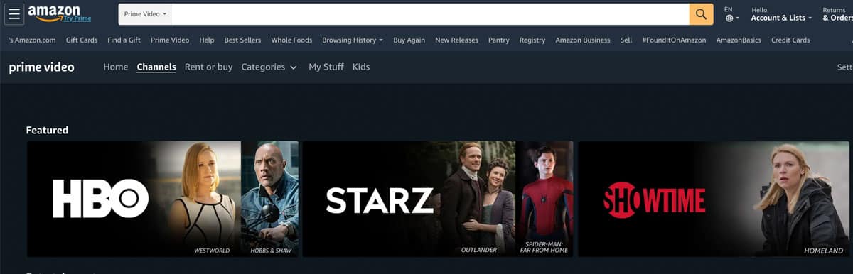 Premium Channels subscription options on Prime video 