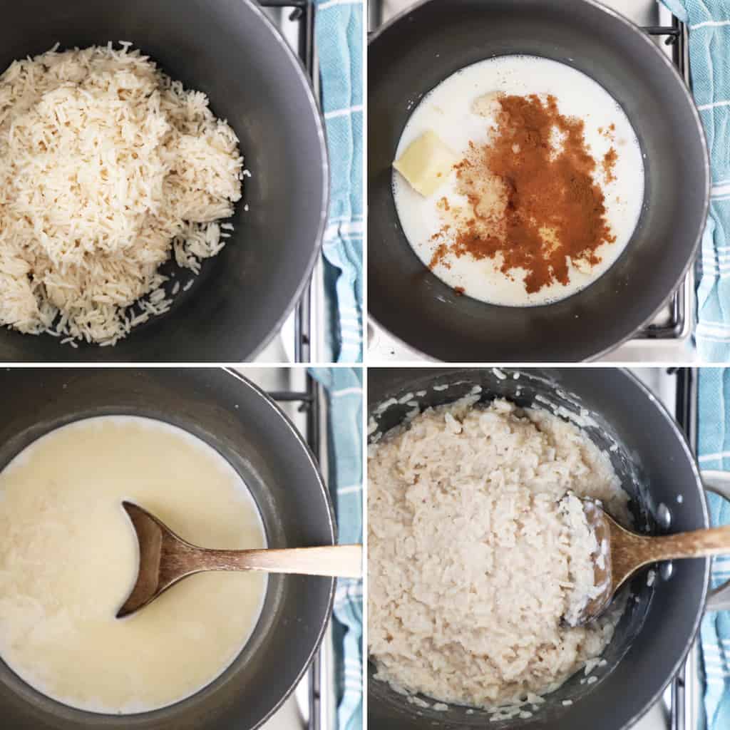 collage image of how to make rice pudding step by step