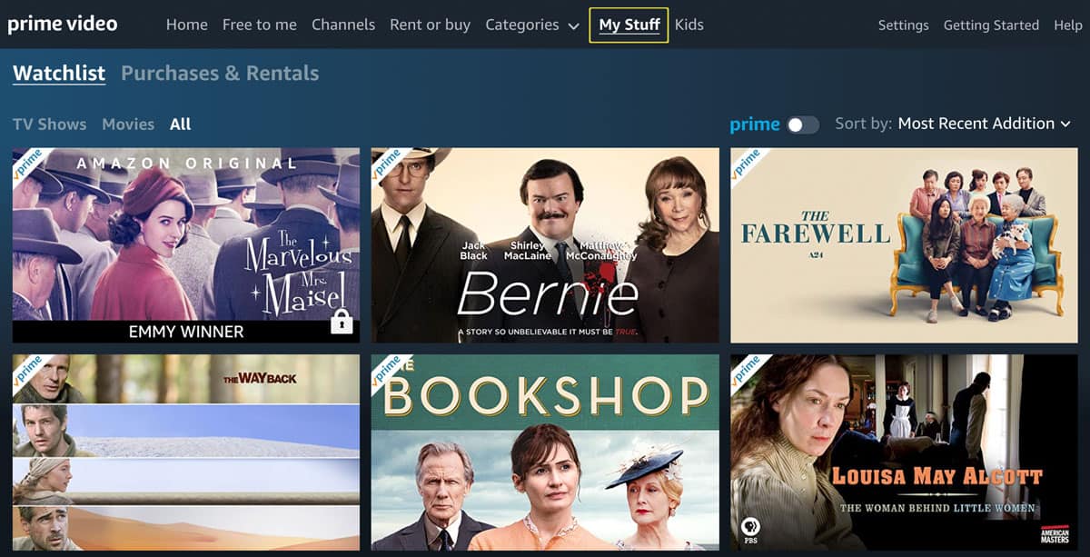 Amazon Prime Video Watchlist menu