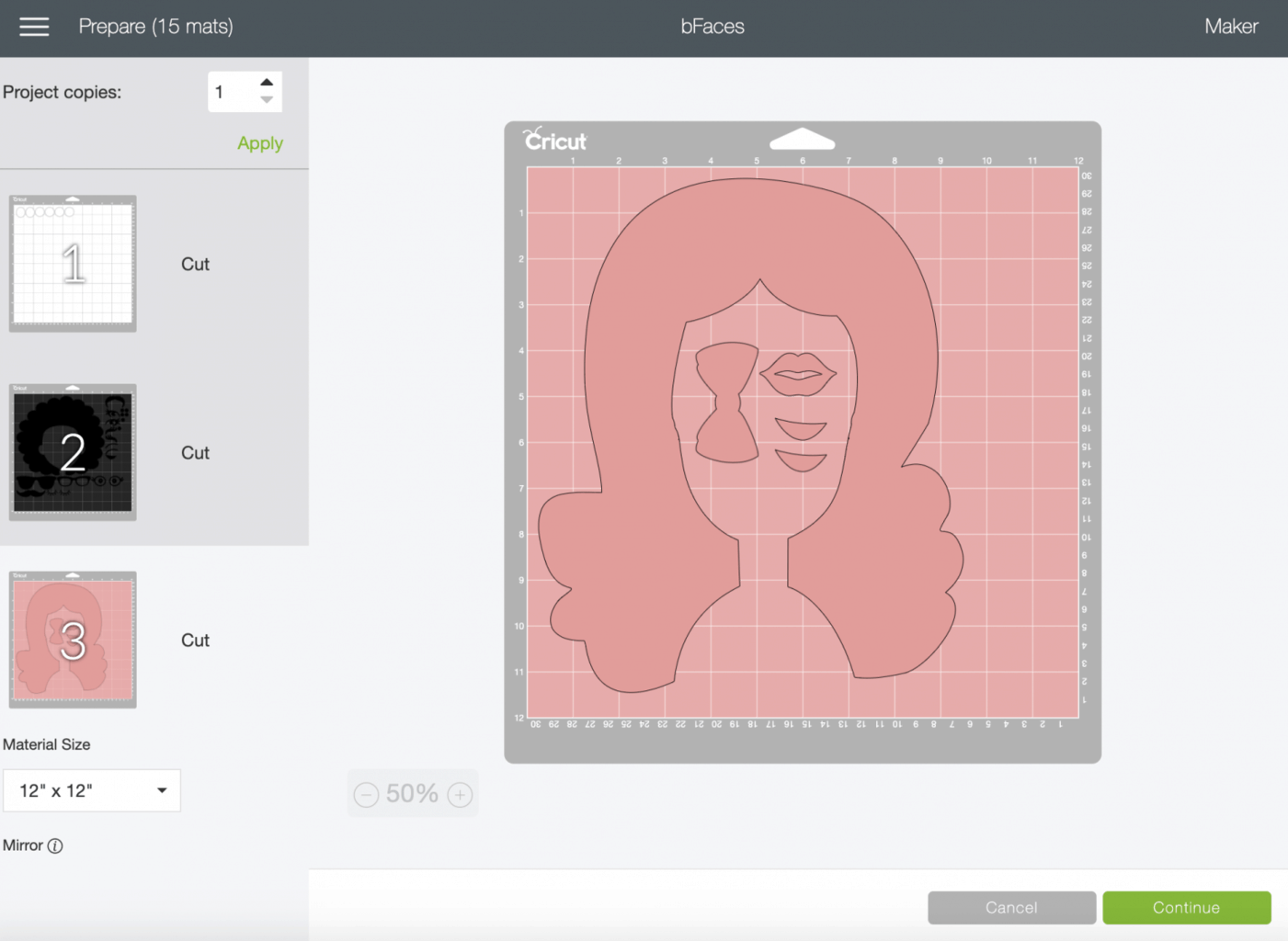 Cricut design space canvas ready to cut with hair shape, bow, lips and smile shapes on it.
