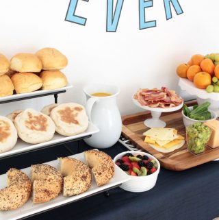 Breakfast sandwich barset up on a buffet table for Father's Day breakfast