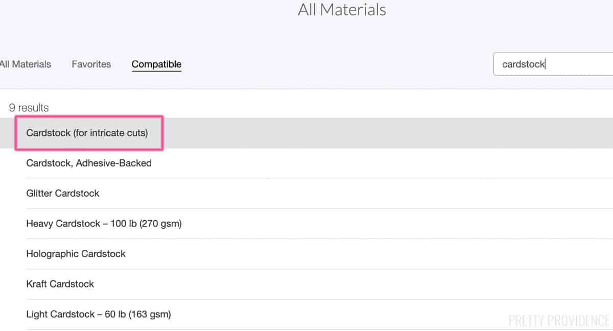 Choose materials screen in Cricut design space with 'cardstock for intricate cuts' selected