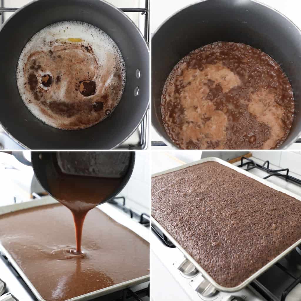 four images in a collage showing the steps of a Texas sheet cake recipe