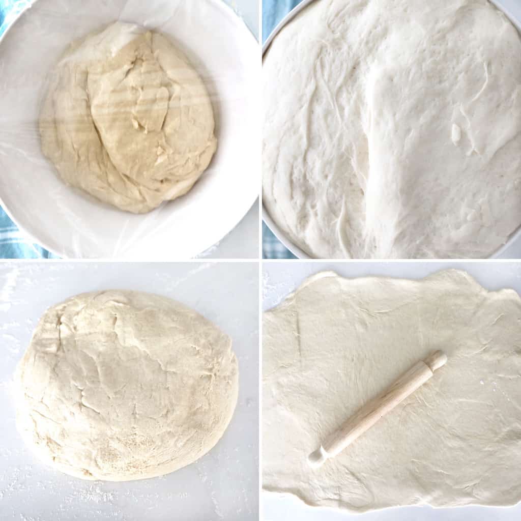 collage image of bread dough in an oiled bowl, and the rising process