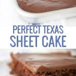 two images of texas chocolate sheet cake optimized in a collage for pinterest