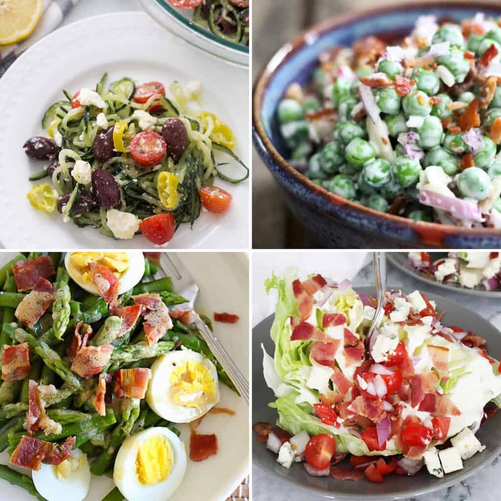 four pictures of unique green salads in a collage