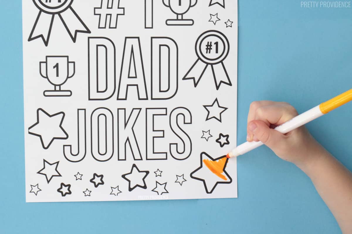 #1 Dad Jokes coloring page for Father's day with little hand coloring a star with a yellow marker.