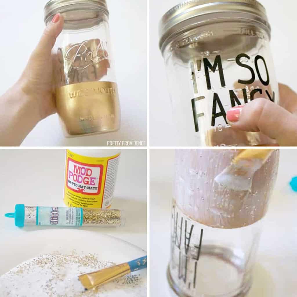 Step by step collage for making a gold-dipped mason jar tumbler with mod podge and glitter