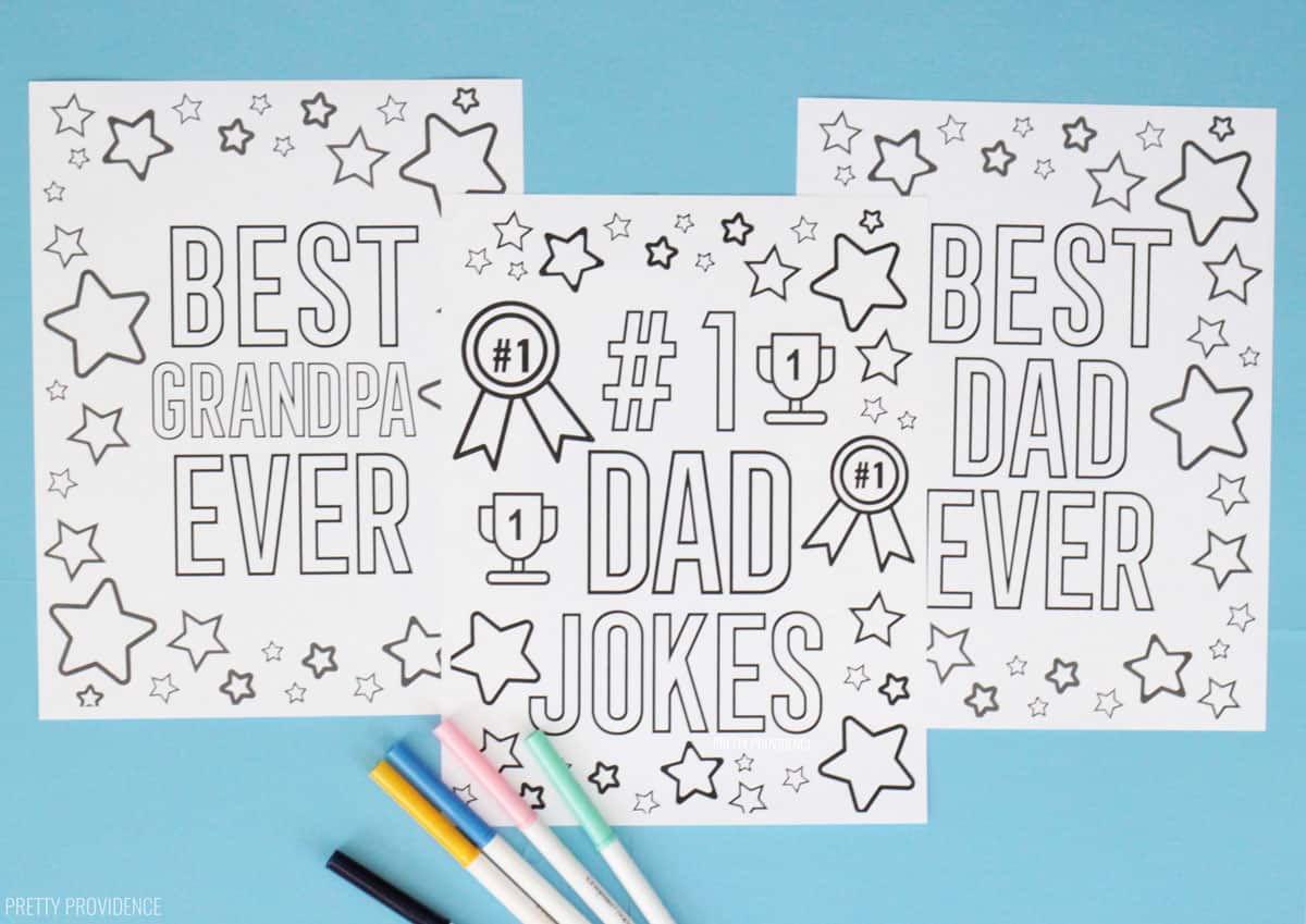 Free Father's Day coloring pages with text 'Best grandpa ever' 'best dad ever' and '#1 Dad Jokes'