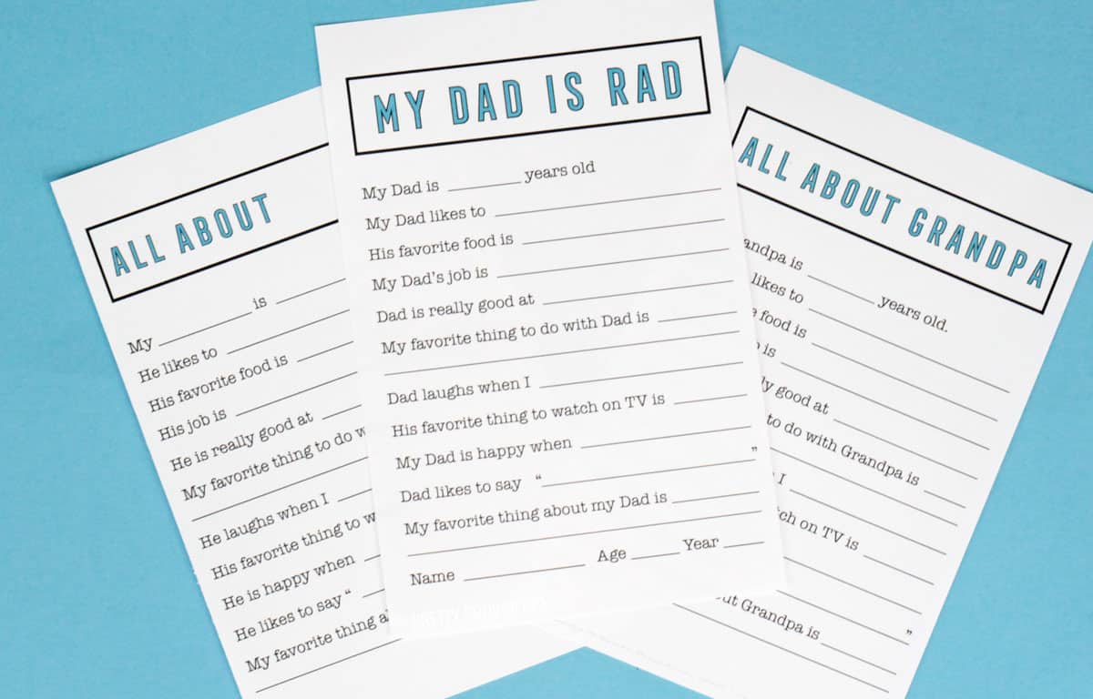 Three versions of a Father's Day fill in the blank questionnaire - one for Dad, one for Grandpa and one for anyone! 