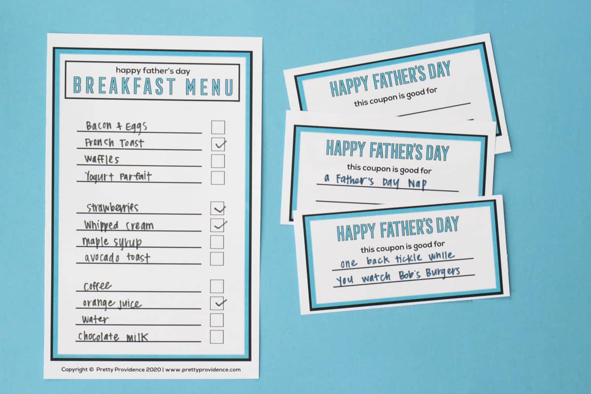 Father's Day coupons free printable and breakfast menu with check boxes