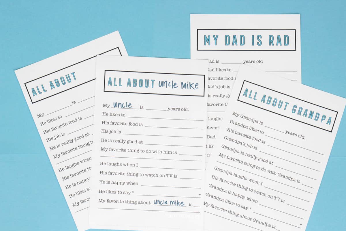 Fill-in-the-blank questionnaire for Father's Day, blank for anyone, one for Dad, one for Grandpa