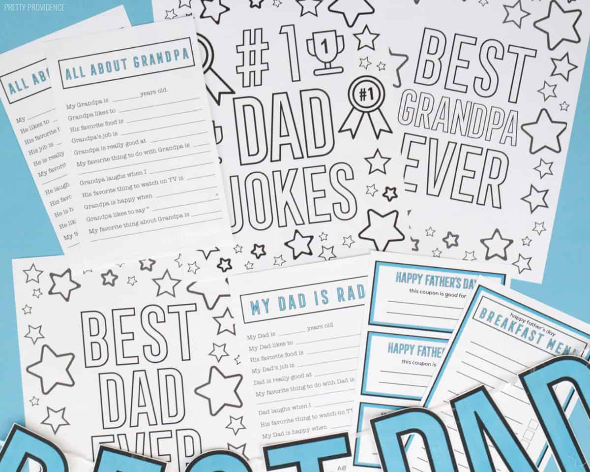 Free Father's Day printables - coloring pages, fill-in-the-blank questionnaires, breakfast menu and coupons.