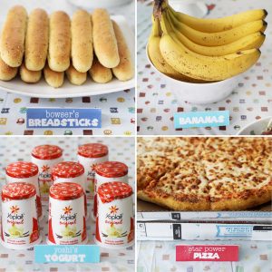 a collage image of food with mario party themed labels