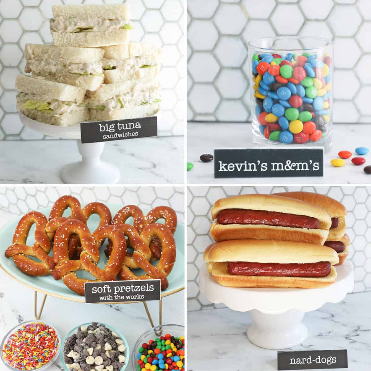 Collage of four different food ideas for a 'the office' themed party. Tuna sandwiches, m&m's, soft pretzels and hot dogs.