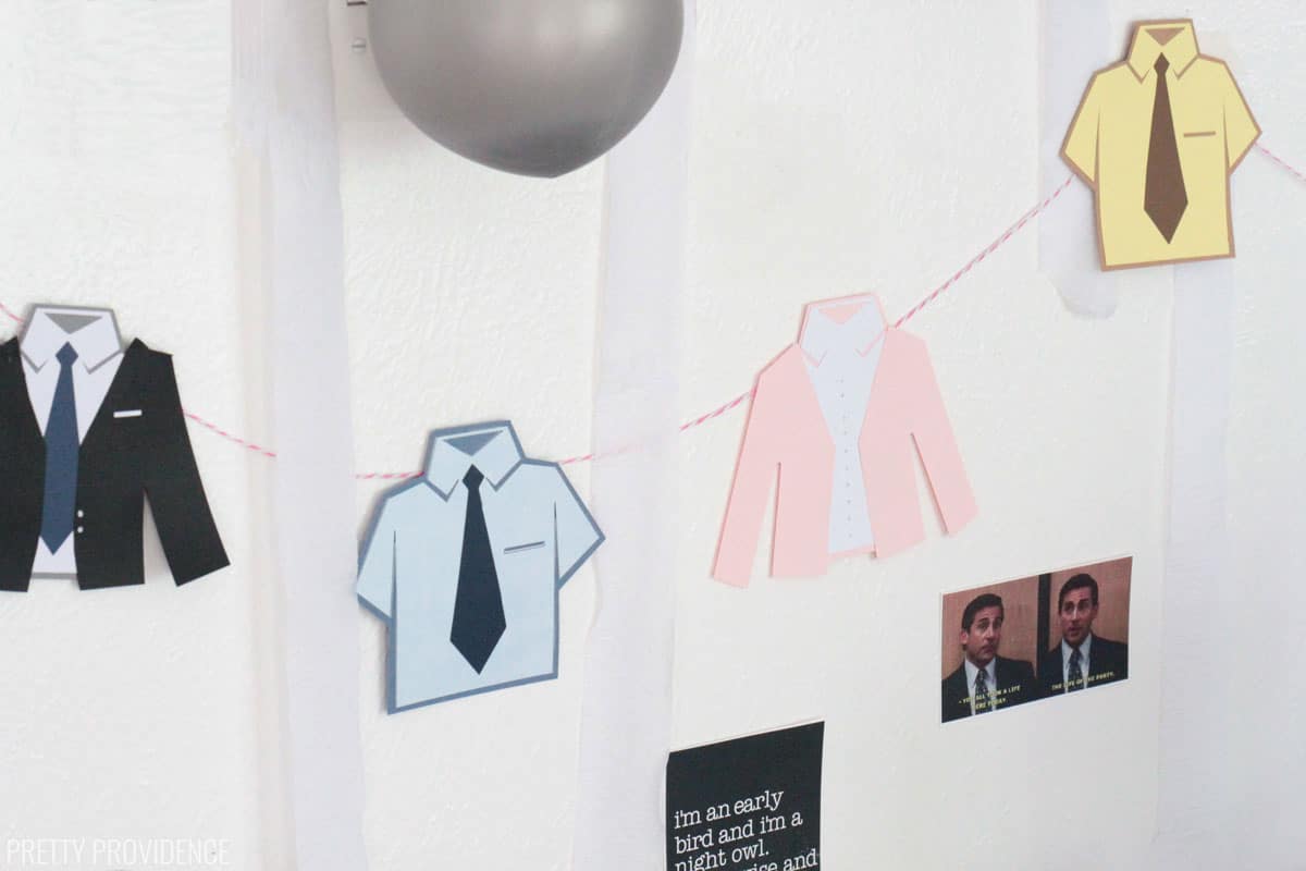 the Office tv show inspired paper banner of shirts inspired by Michael Scott, Jim, Pam and Dwight