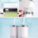 Two white tumblers with viny decals that say 'I'm so fancy' and step by step collage