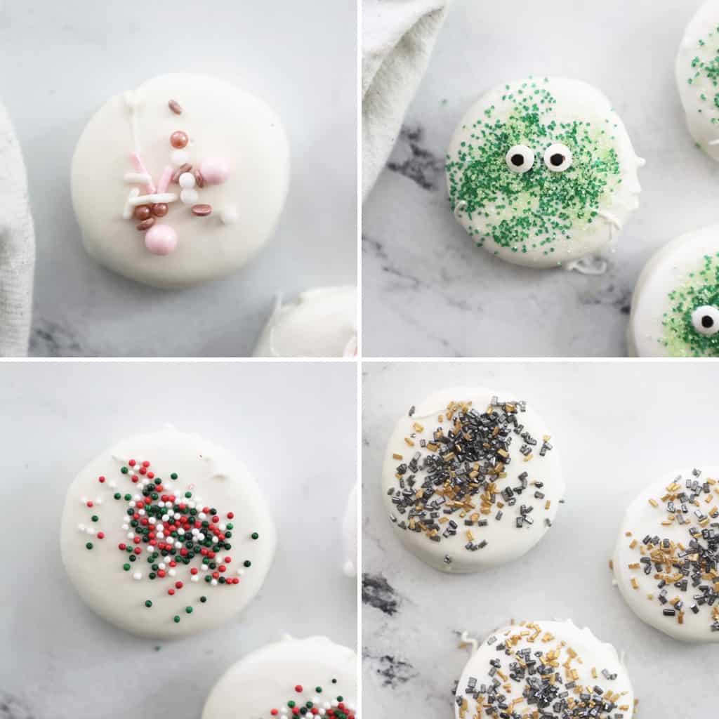 four different holiday decorated cookies 