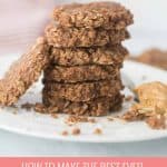 peanut butter no bake cookies stacked on white plate optimized for pinterest