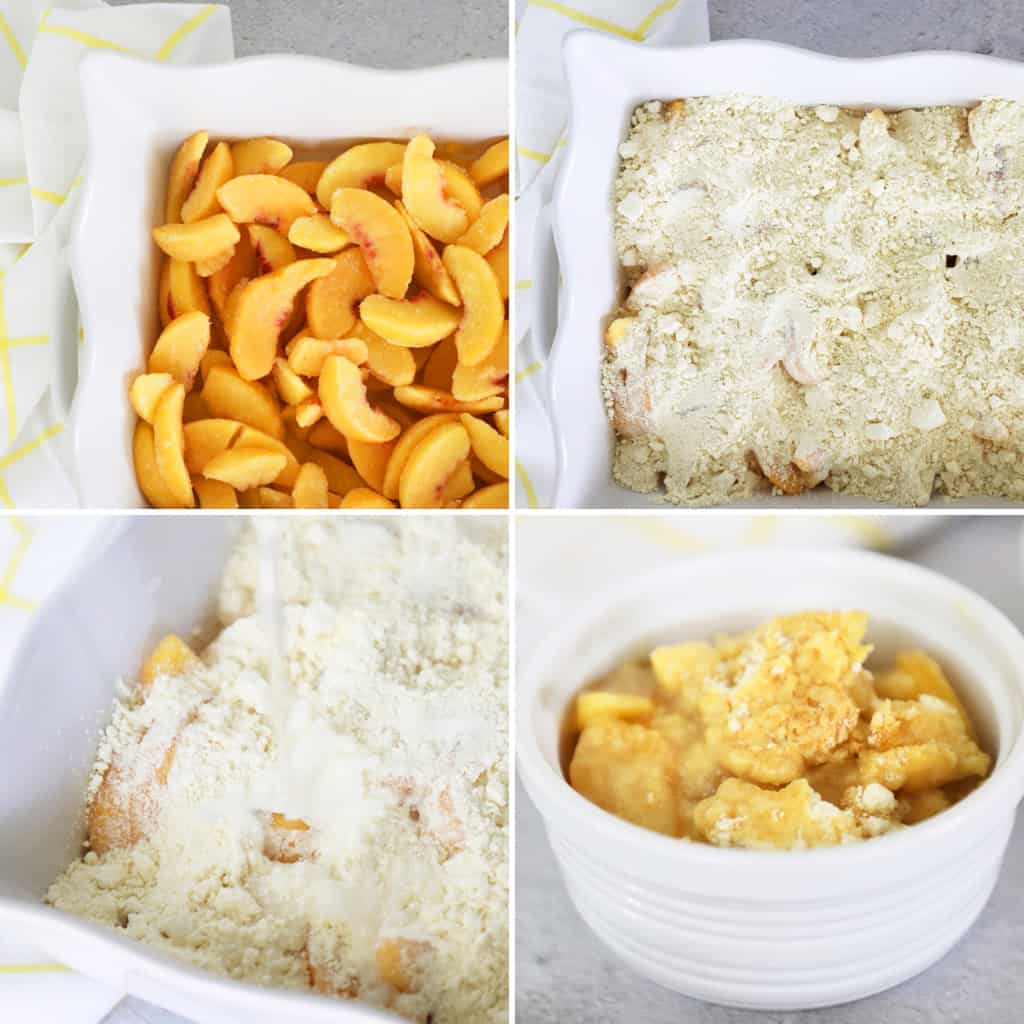 step by step photo collage for making easy peach cobbler