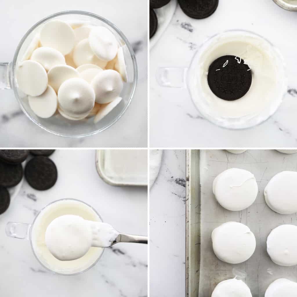step by step photos of melting white chocolate and dipping oreos