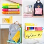 DIY School supplies collage - highlighters, backpacks, supply bin