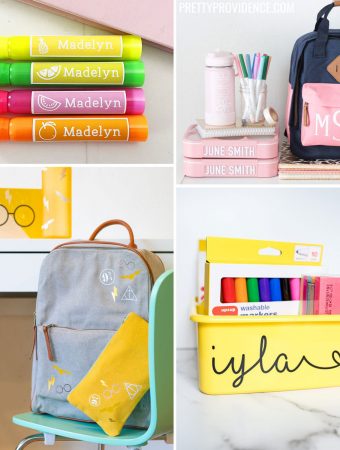 DIY School supplies collage - highlighters, backpacks, supply bin