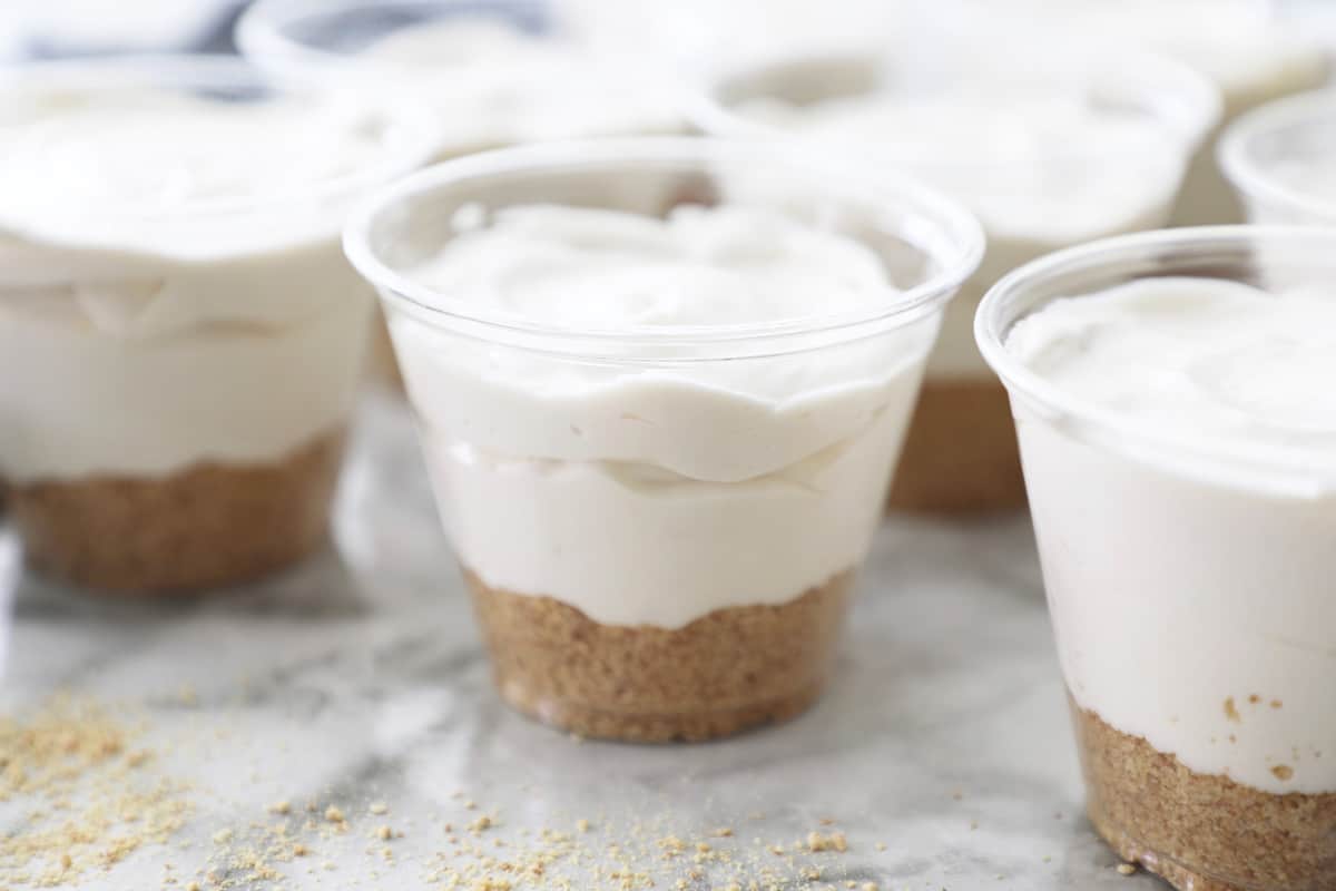 several mini cream cheese pies in clear cups lined up on a counter