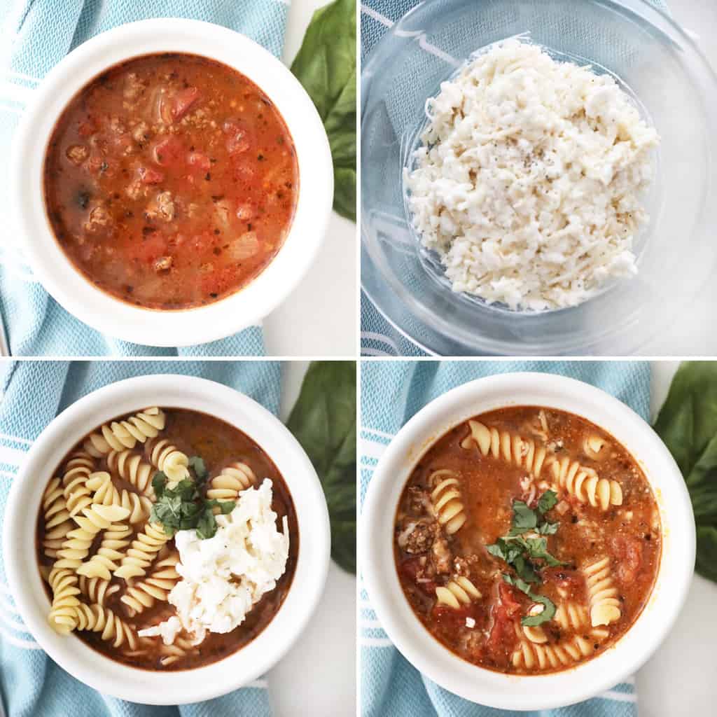 photo collage of the steps of making lasagna soup