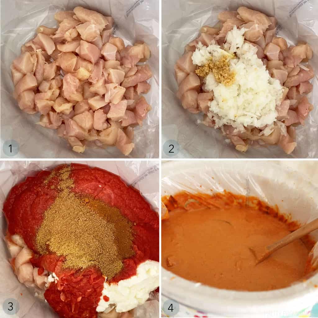 step by step collage of how to make slow cooker chicken tikka masala