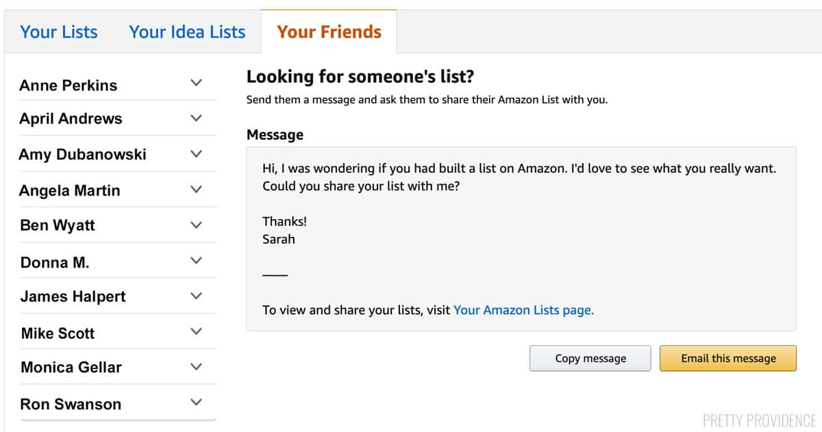 How to find an Amazon wish list - message page on Amazon website