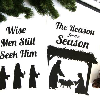 flat lay of two black and white nativity scene printables