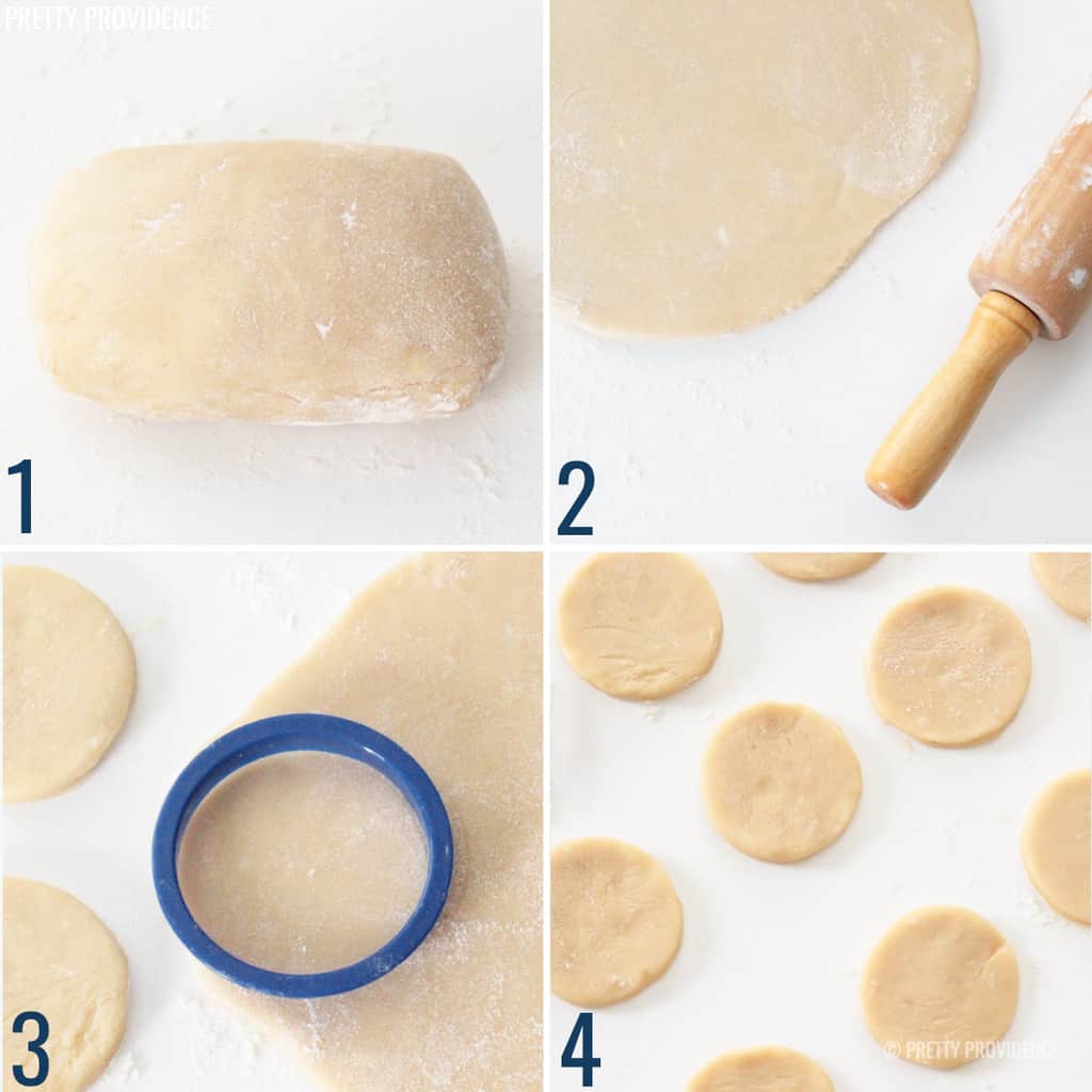 collage of sugar cookie dough being rolled and cut out into cookie shapes