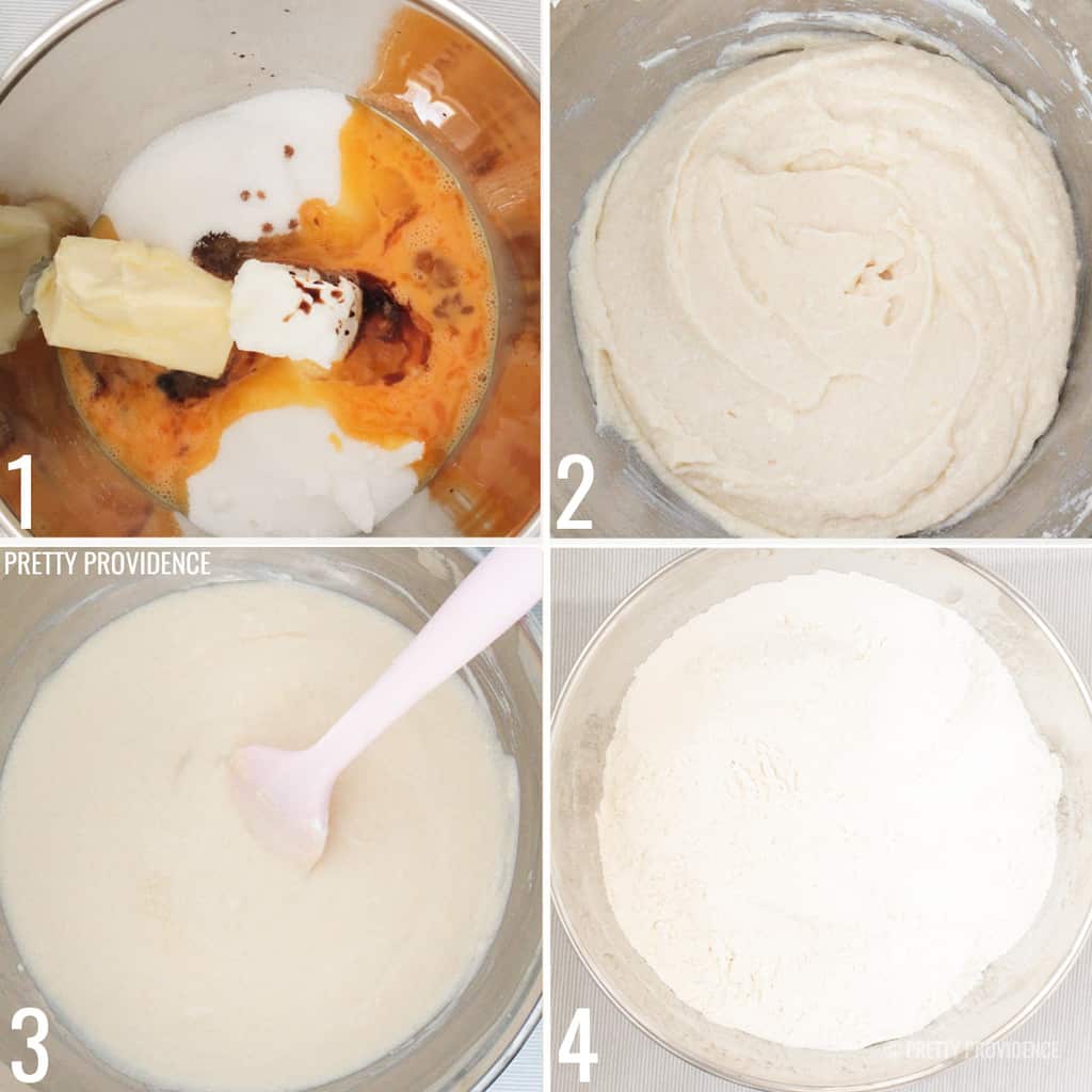 collage of sugar cookie dough ingredients being added to a bowl