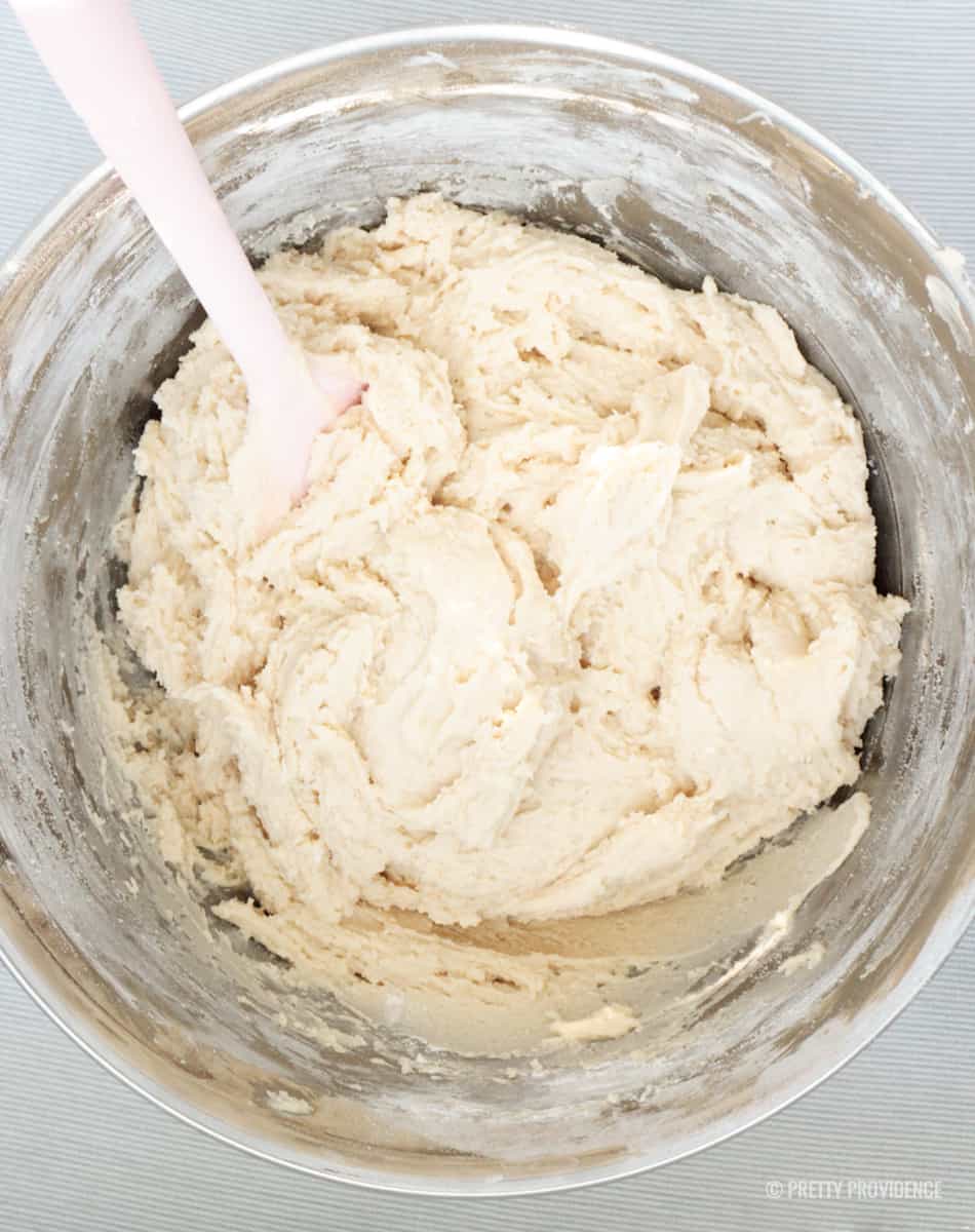 Cookie dough mixed in a large mixing bowl