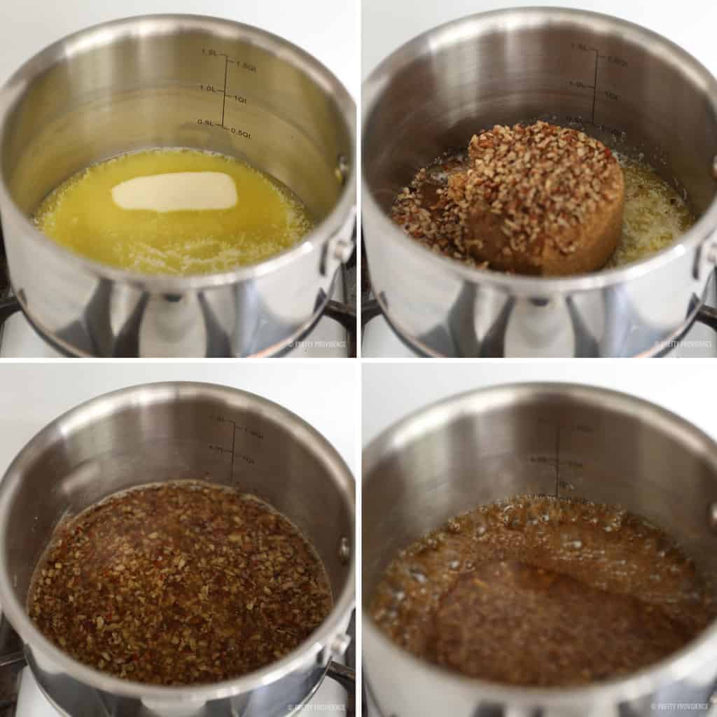 Collage of butter melting, brown sugar and pecans being boiled to make caramel sauce
