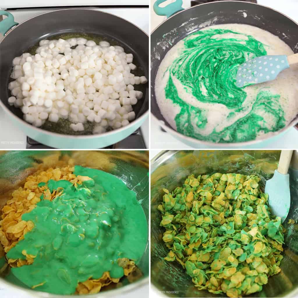 collage of melting butter marshmallows, adding food coloring and then cornflakes