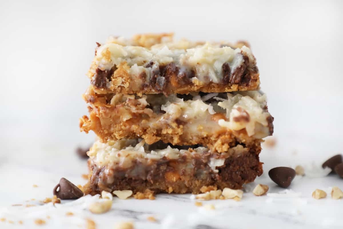 three seven layer bars in a stack against a white background