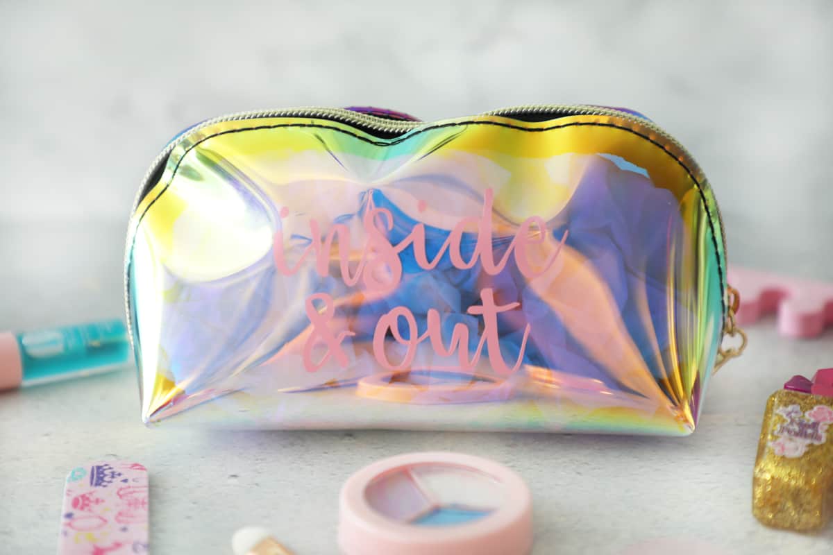 makeup bag that says "inside and out" on it
