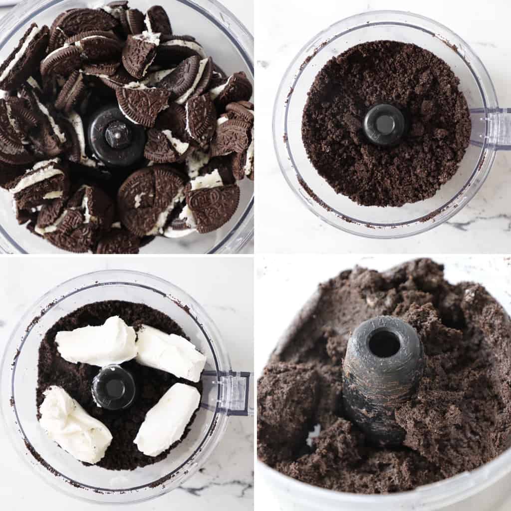 step by step images of the first few steps to making Oreo truffle balls