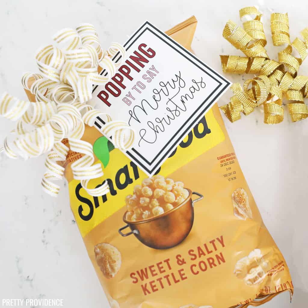 Smartfood Sweet & Salty Kettle Corn popcorn gift with bow and free printable Christmas tag