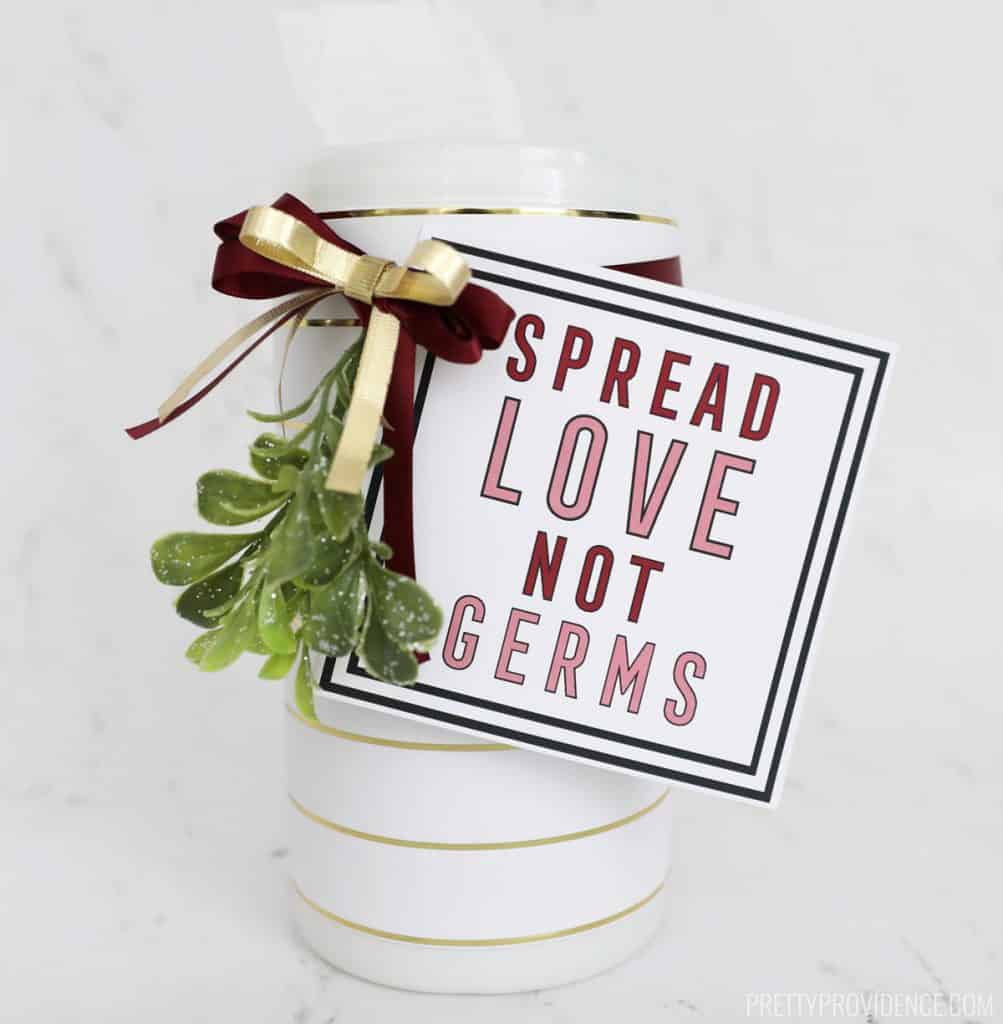 Spread Love, Not Germs gift tag on sanitizer wipes container wrapped with holly and a bow