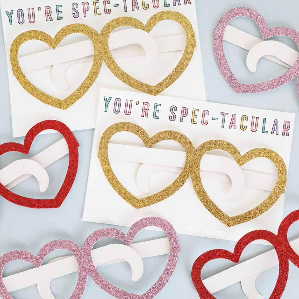 Kids valentine card 'You're Spectacular' with glitter heart glasses made of paper