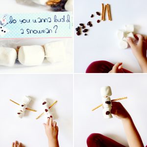 four images in a collage showing how to make kids snowman activity using marshmallows