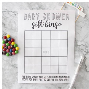 Baby shower gift bingo with skittles and pen