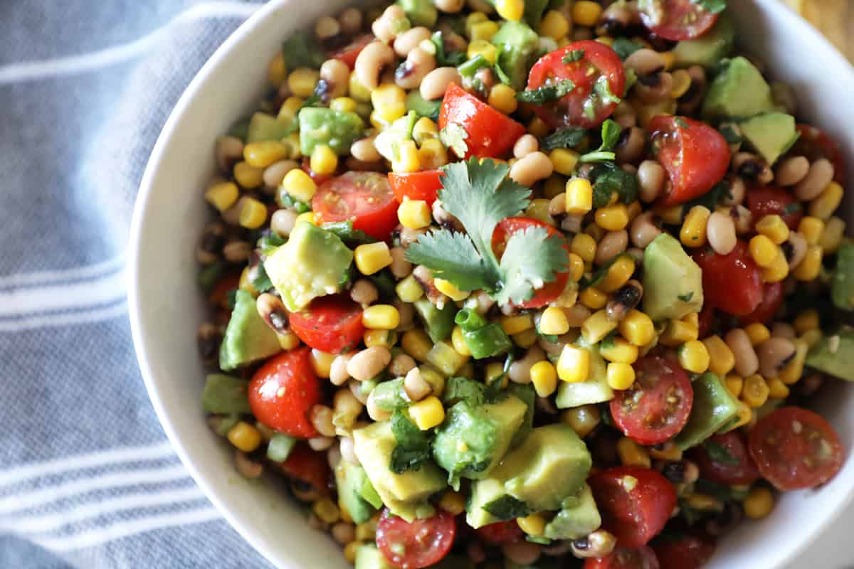 close up of a bowl of corn and black bean salsa