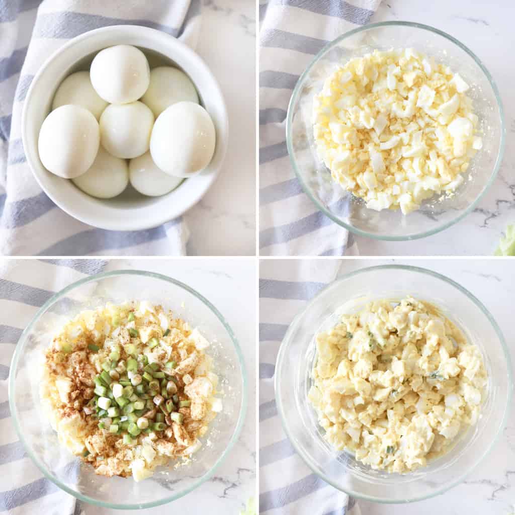 photo collage of the steps to making classic egg salad sandwiches